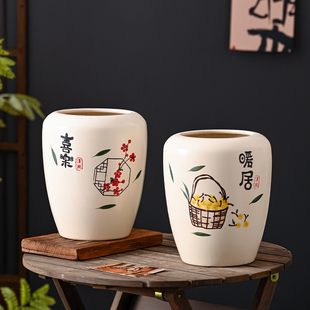 陶瓷花盆新中式手绘暖居喜乐家用轻奢高级感桌面花器绿植专用盆栽