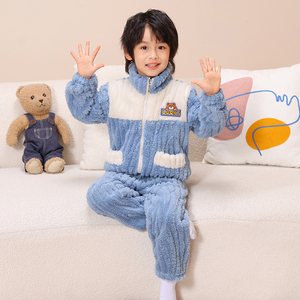 儿童秋冬季法兰绒睡衣男童女童加绒加厚中大童珊瑚绒套装家居服