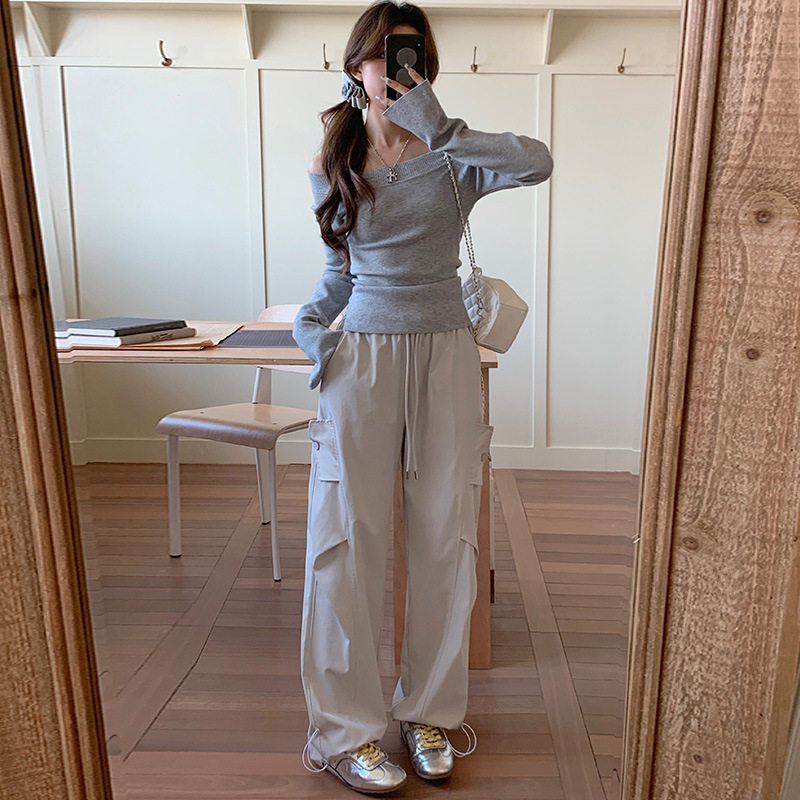 2025春夏秋复古高腰抽绳工装裤女款宽松松紧腰显瘦拖地直筒阔腿