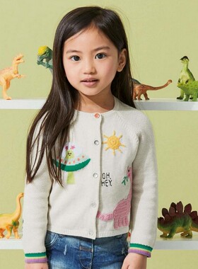 现货1-5英国NEXT正品春秋女宝女童纯棉米色恐龙毛衣绣花针织开衫