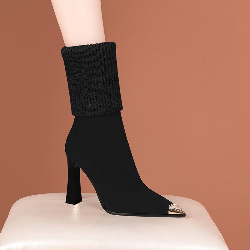 拾雨欧美中筒瘦瘦靴粗跟尖头