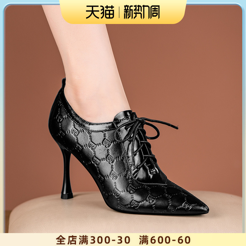 系带格子真皮高跟鞋春秋季新款黑色尖头踝靴软皮深口细跟单鞋子女