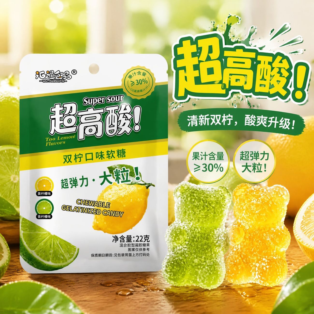 超高酸双柠口味软糖22g袋装宿舍办公休娱乐闲解馋凝胶软糖零食糖