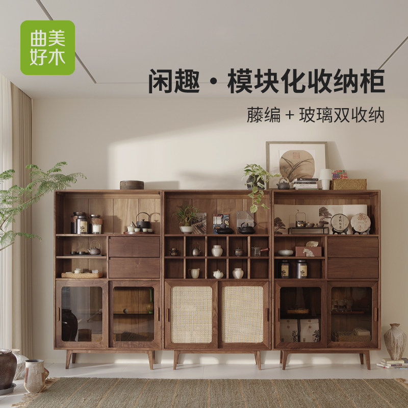 曲美好木新中式藤编黑胡桃木柜门