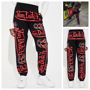 纯原复古机车酷帅春秋女款抓绒束口卫裤满印火焰字母休闲运动薄绒