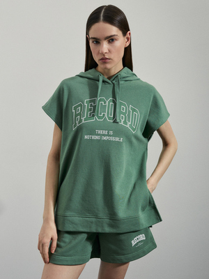 新款绿色休闲女款连帽休闲健身毛圈无袖卫衣