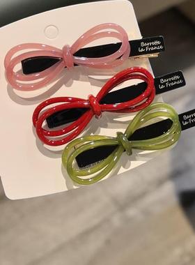 LERYAE韩国进口发饰双层丝带烟粉酒红漂亮蝴蝶结鸭嘴夹发夹边夹