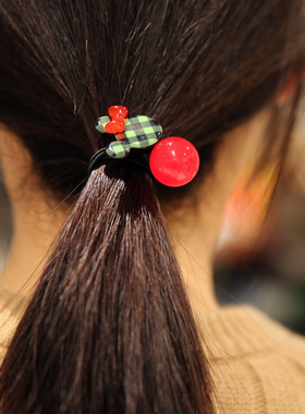 韩国进口 AZNAVOUR AZ 发饰红绿色格子卡通头爱心小猫发绳皮筋