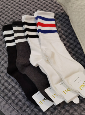 aidemoli韩国进口东大门袜子女袜三条杠黑色白色灰色条纹中筒袜
