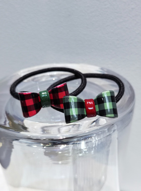 韩国进口 AZNAVOUR AZ 发饰红色绿色格子小蝴蝶结发圈皮筋发绳