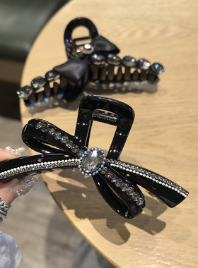 LERYAE韩国进口发饰黑色缎带蝴蝶结宝石水钻抓夹发抓鲨鱼夹