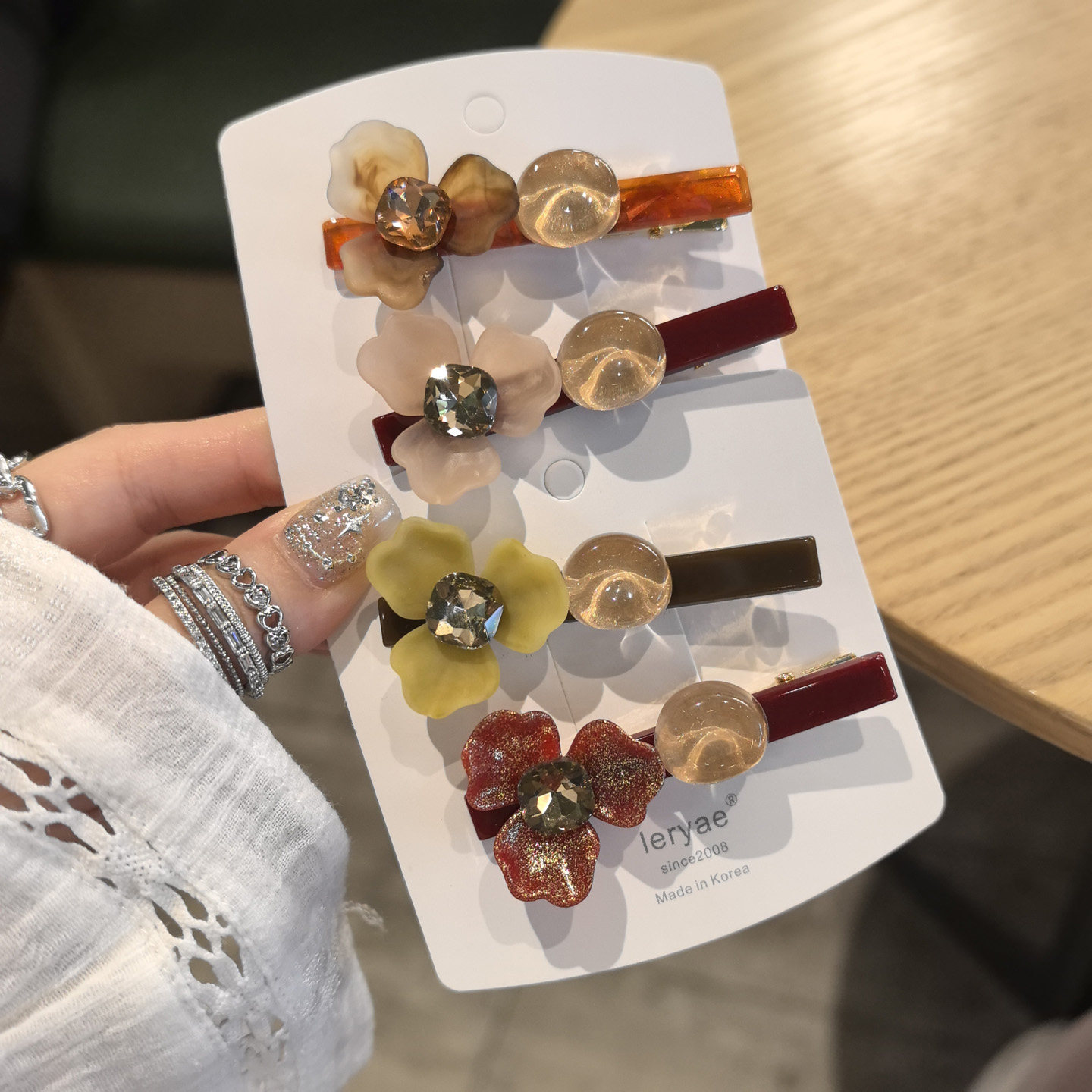 LERYAE韩国进口发饰花朵宝石钻小圆豆鸭嘴夹发夹边夹