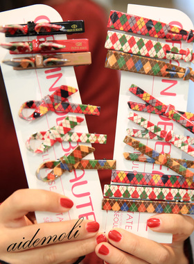 韩国进口 AZNAVOUR/AZ 发饰圣诞节菱形格子蝴蝶结鸭嘴夹发夹