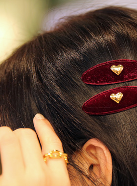 LERYAE韩国进口发饰丝绒金属小爱心2个一组小椭圆BB夹发夹边夹