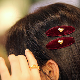 LERYAE韩国进口发饰丝绒金属小爱心2个一组小椭圆BB夹发夹边夹