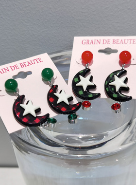 韩国进口 AZNAVOUR AZ 饰品红色绿色格子月亮星星水钻耳钉耳饰