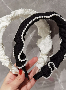 aidemoli韩国进口发饰日韩少女复古珍珠点缀压花黑色白色发箍头箍