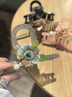 LERYAE韩国进口发饰双面珍珠水钻花朵8cm抓夹发抓鲨鱼夹