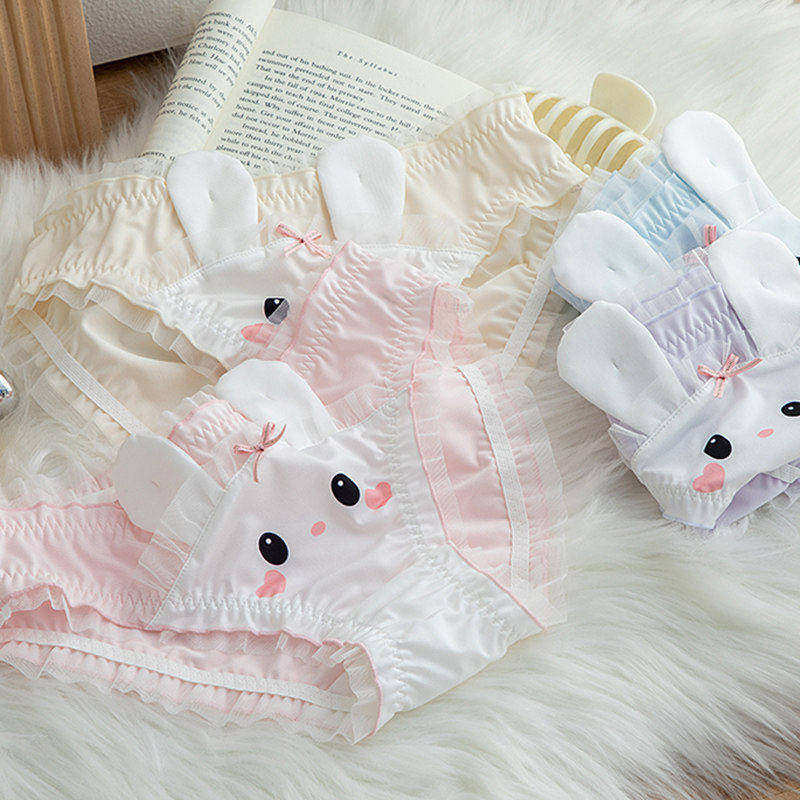 卡通可爱兔子内裤少女日系印花兔牛奶丝甜美中低腰蕾丝边三角裤头