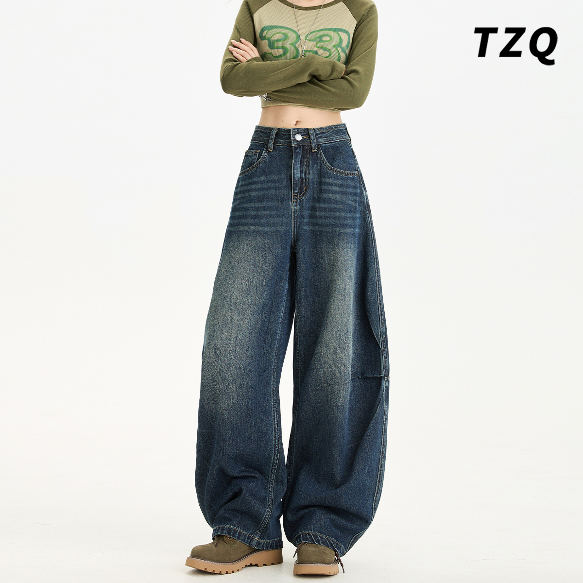 新款时尚辣妹拼接宽松显瘦阔腿裤