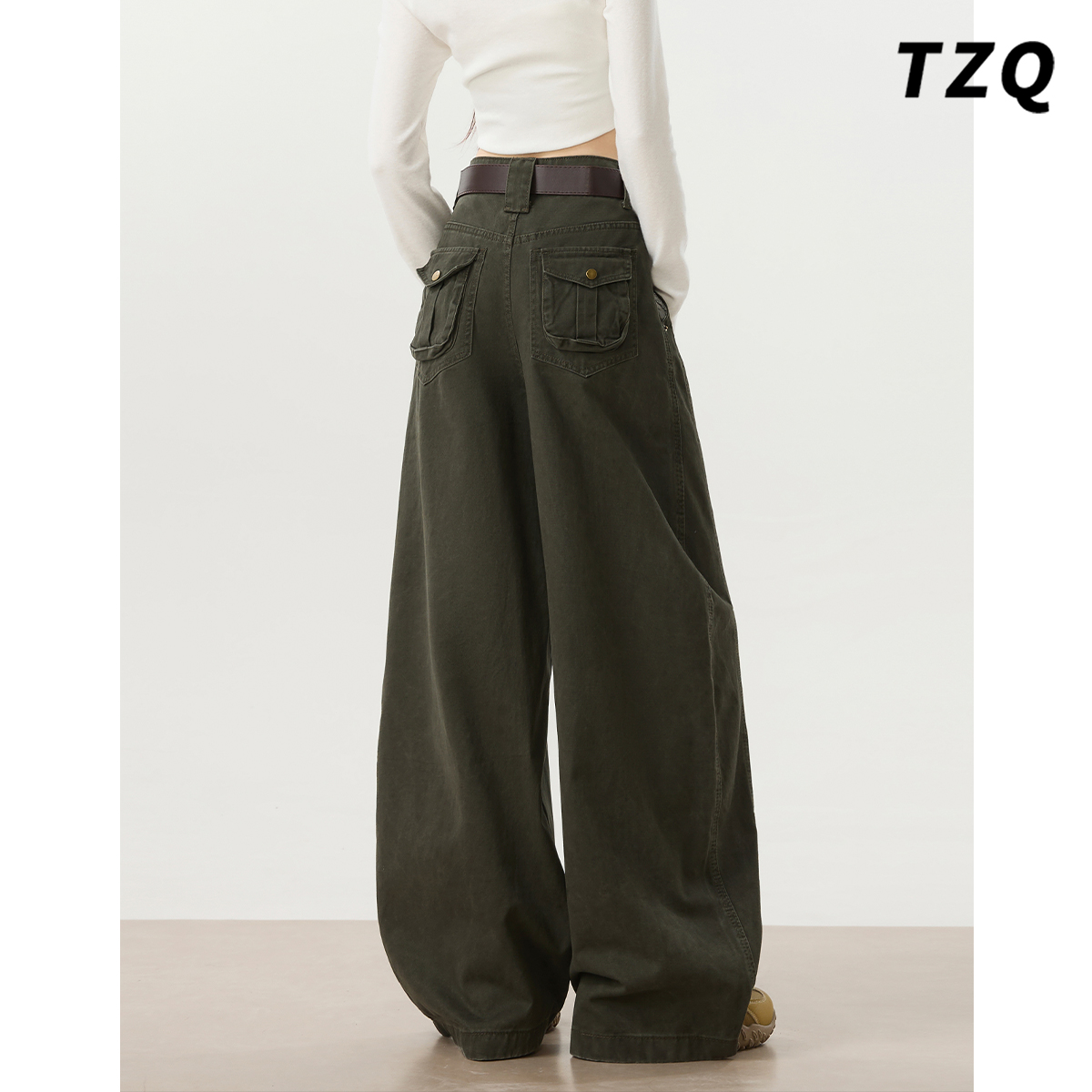 军绿色弯刀阔腿牛仔裤女2025秋季高街高腰显瘦宽松垂感拖地工装裤