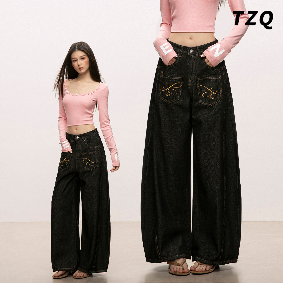 黑色口袋设计感刺绣牛仔裤女秋冬季时尚高腰显瘦宽松阔腿弯刀裤子,女装/女士精品,牛仔裤,淘宝优惠券,粉丝福利购,淘宝优惠卷