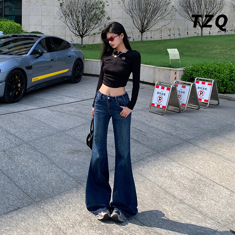 新款辣妹低腰显瘦修身阔腿喇叭裤