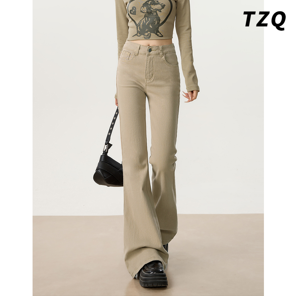 秋季高腰修身显瘦垂感拖地喇叭裤