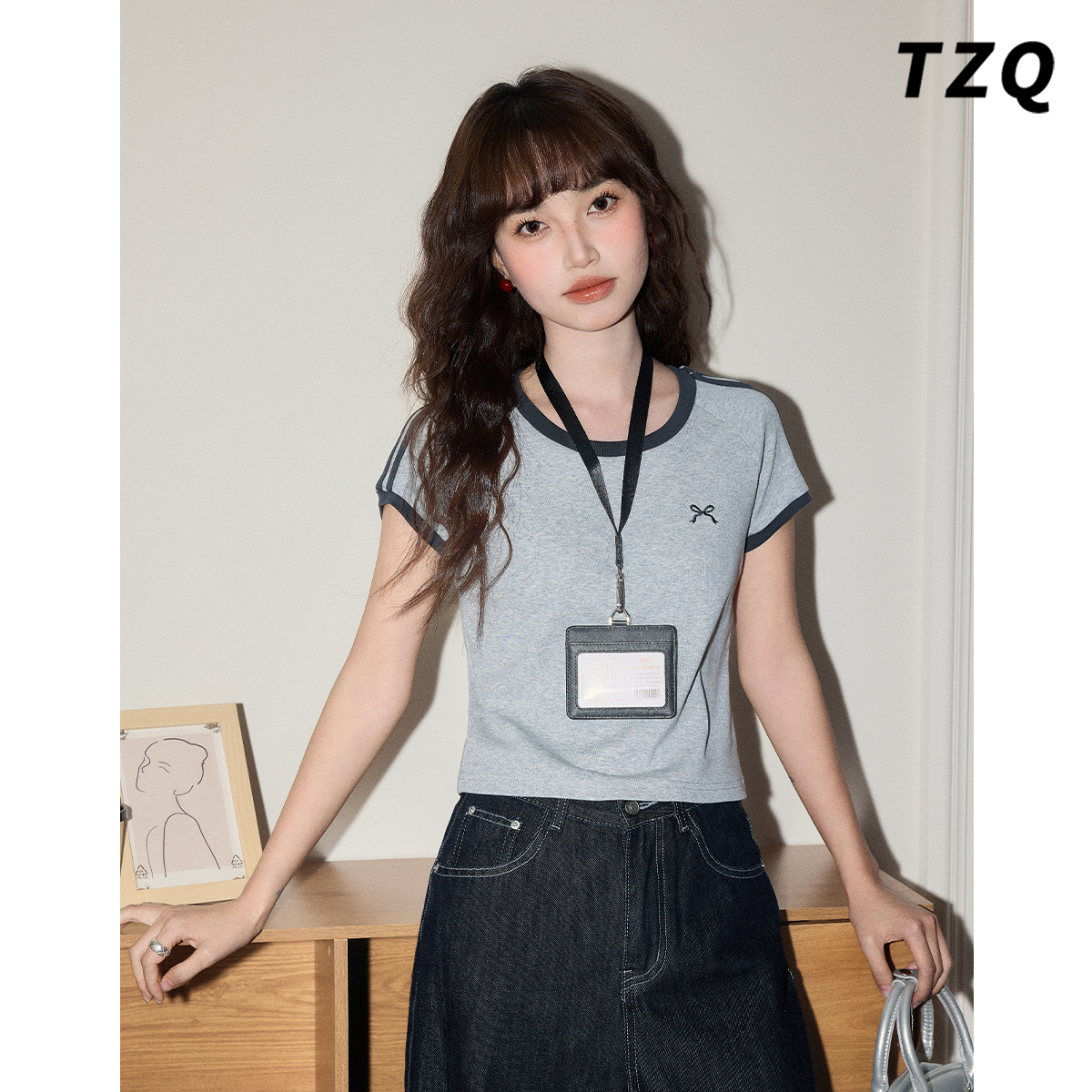 撞色正肩短袖T恤女2025夏季新款
