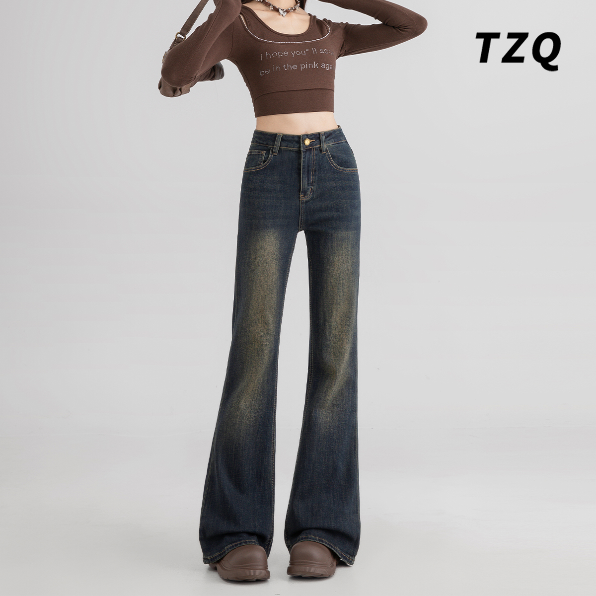 高腰修身显瘦不贴腿马蹄喇裤子冬