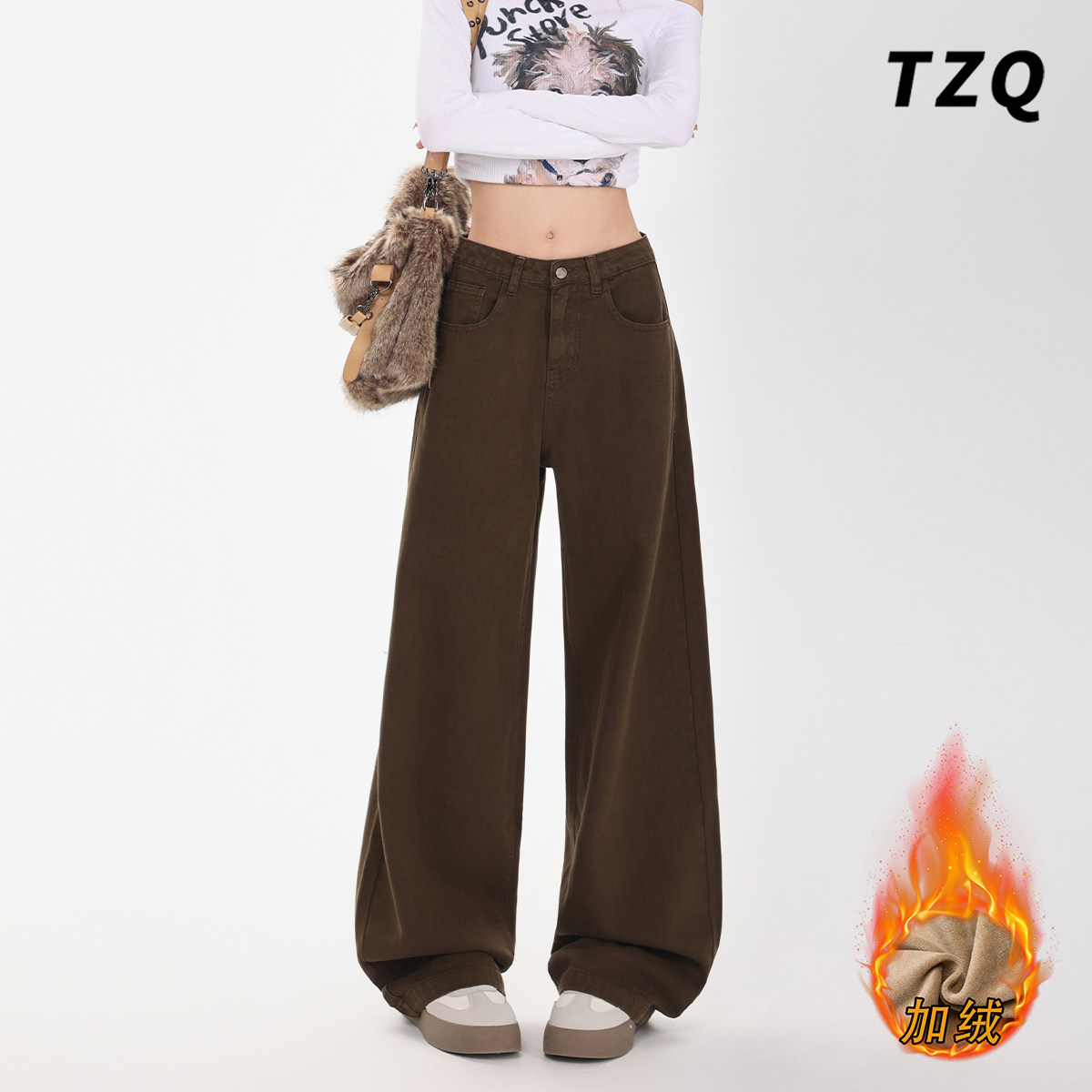 棕色加绒款垂感阔腿牛仔裤女2025秋冬季百搭宽松显瘦拖地直筒裤子,女装/女士精品,牛仔裤,淘宝优惠券,粉丝福利购,淘宝优惠卷