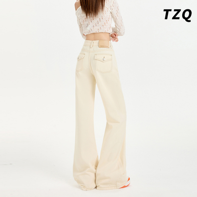 米杏色高腰加绒不贴腿微喇牛仔裤