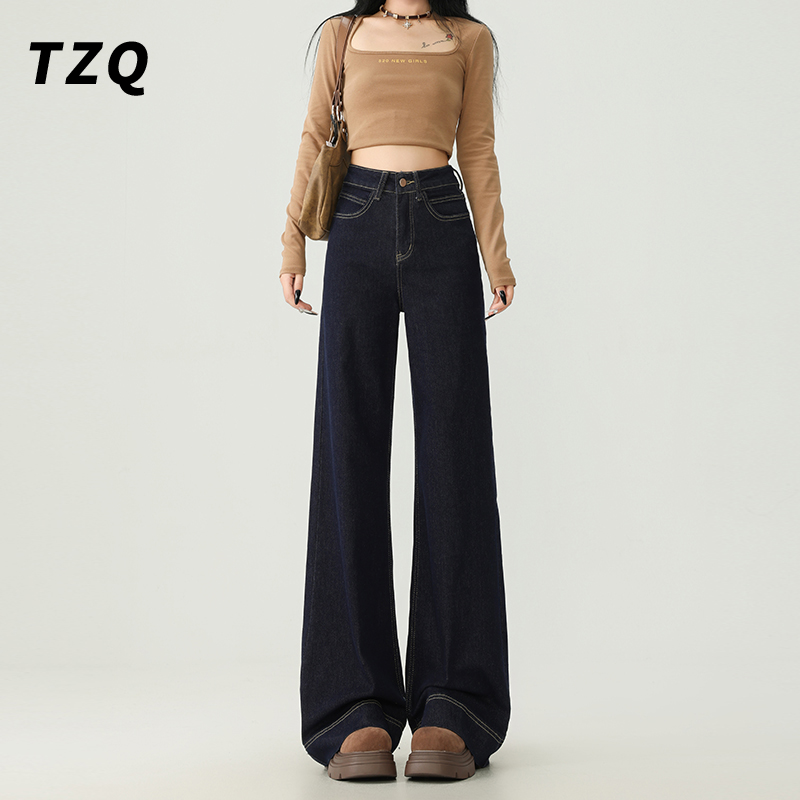 深蓝色弹力阔腿微喇牛仔裤女2025