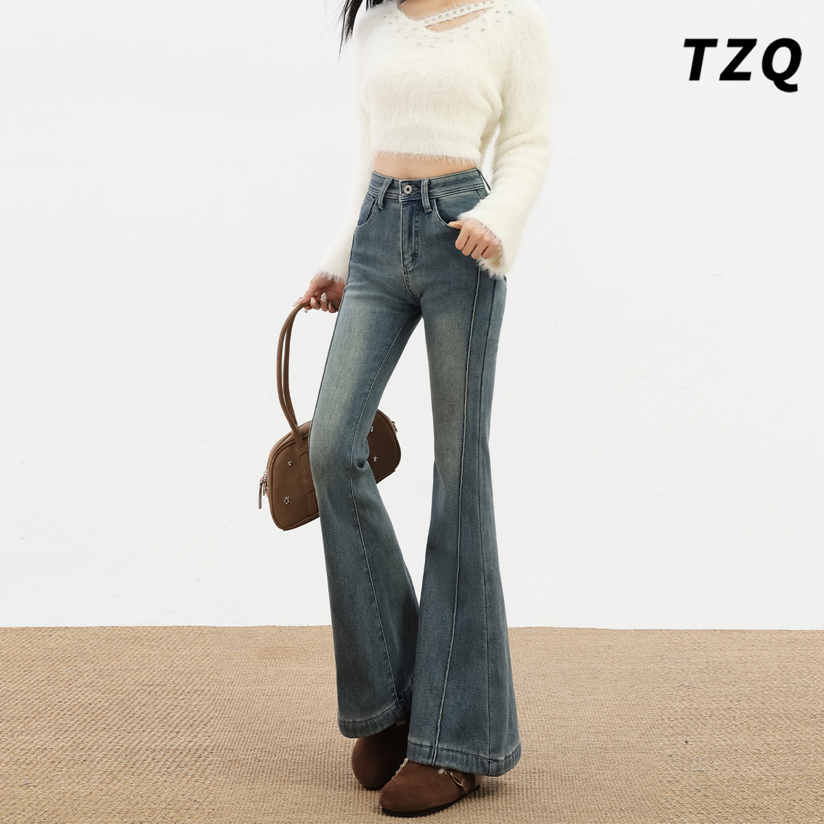 冬季新款高腰修身九分马蹄喇叭裤