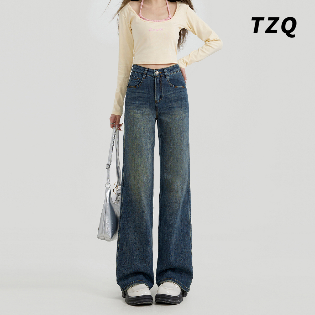 复古蓝色百搭宽松垂感阔腿牛仔裤