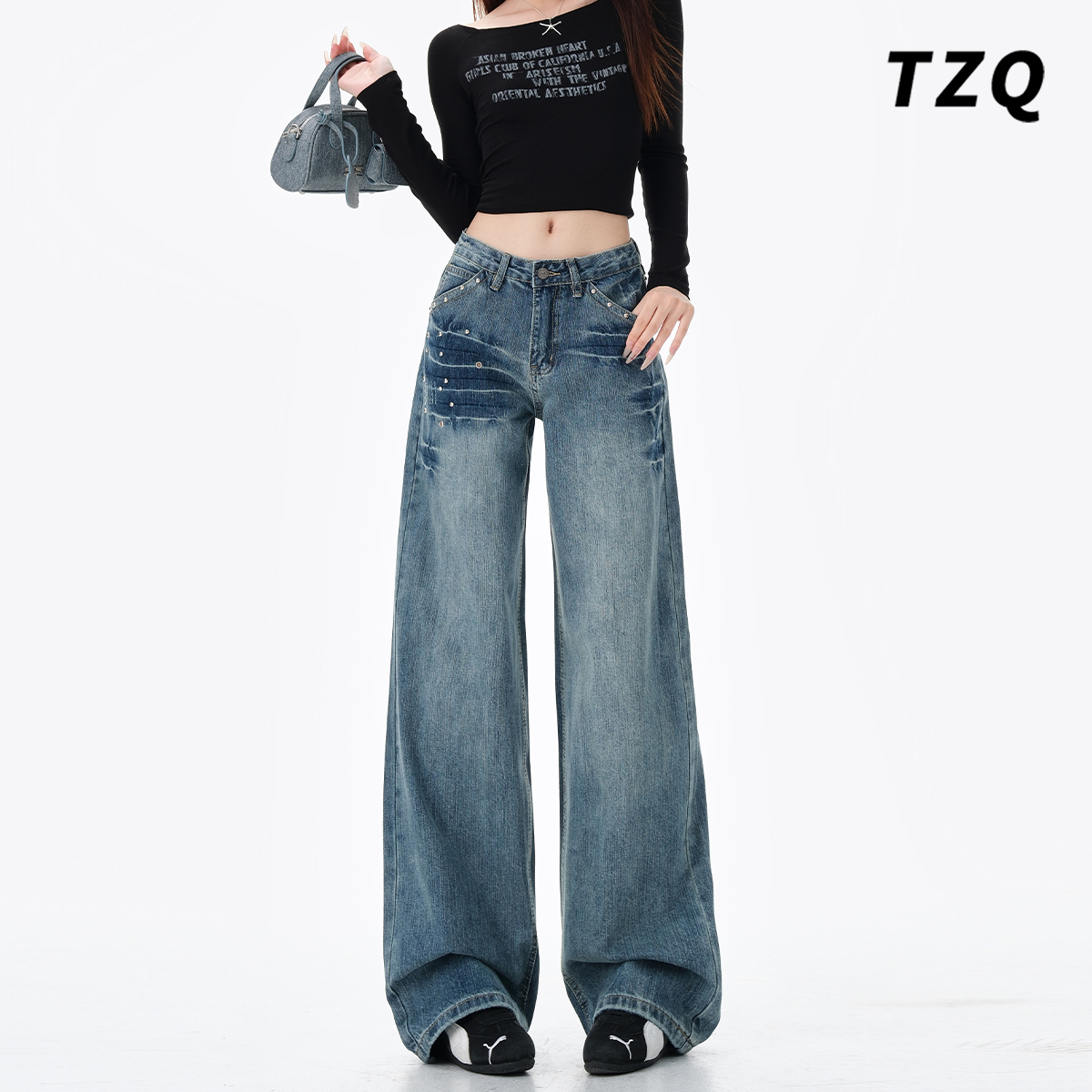 秋季辣妹时尚宽松猫须垂感拖地裤