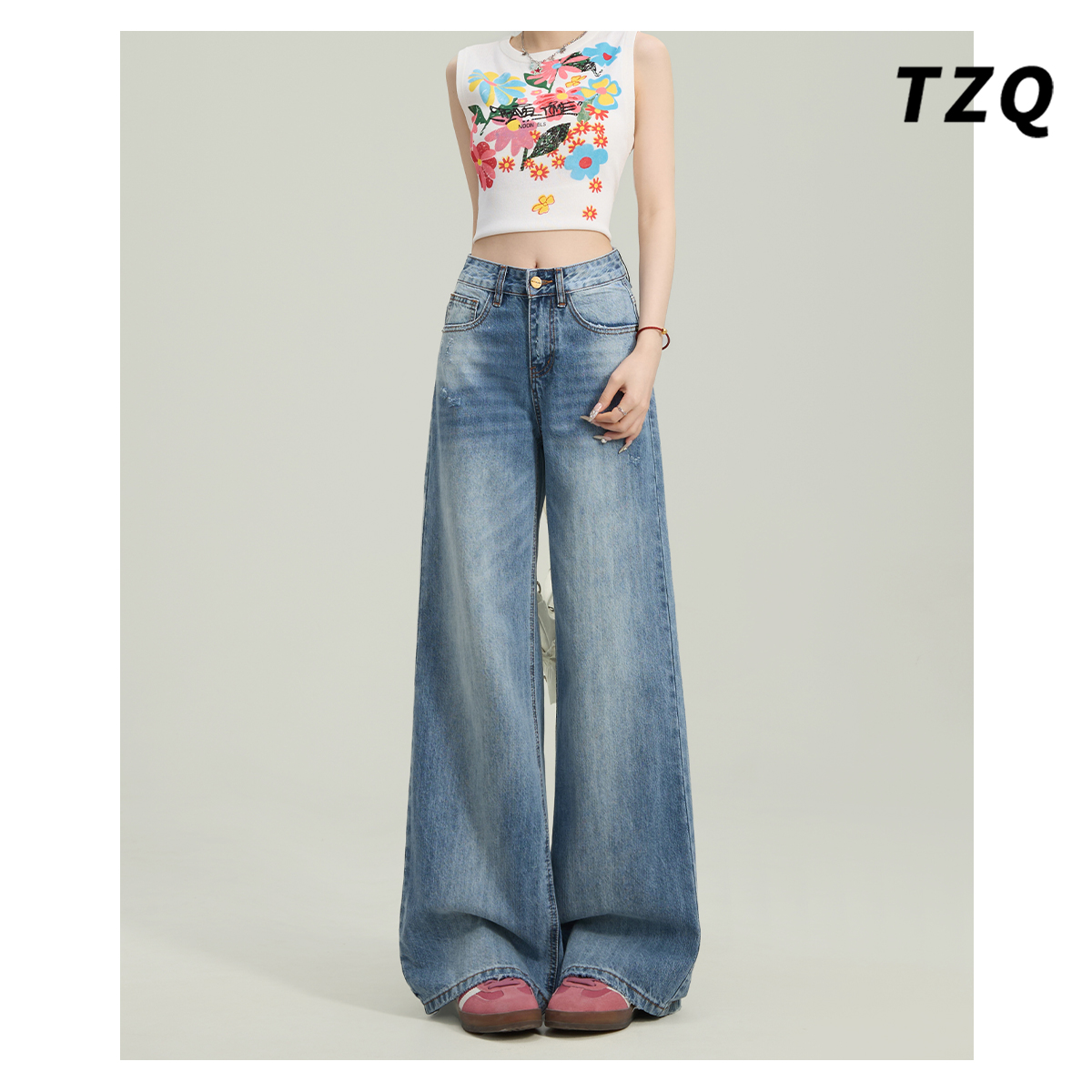 美式复古高腰阔腿牛仔裤女2025春
