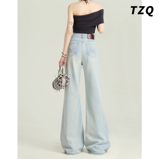 宽松显瘦不贴腿拖地喇叭裤 新款 女2025夏季 浅色高腰弹力微喇牛仔裤