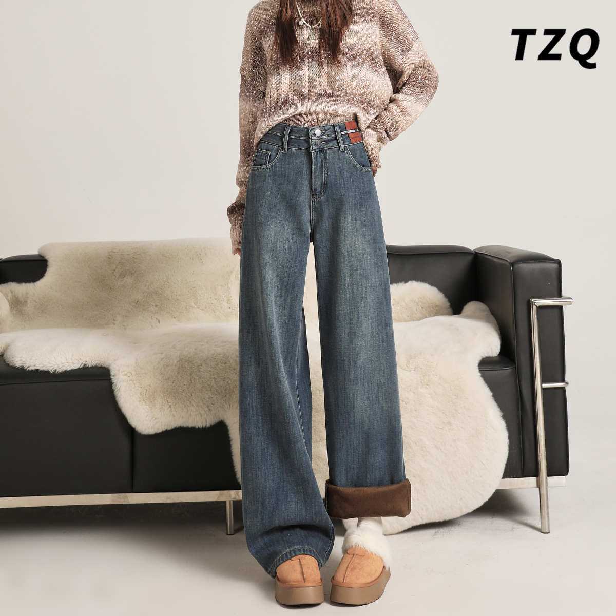 季加绒保暖宽松显瘦拖地直筒长裤