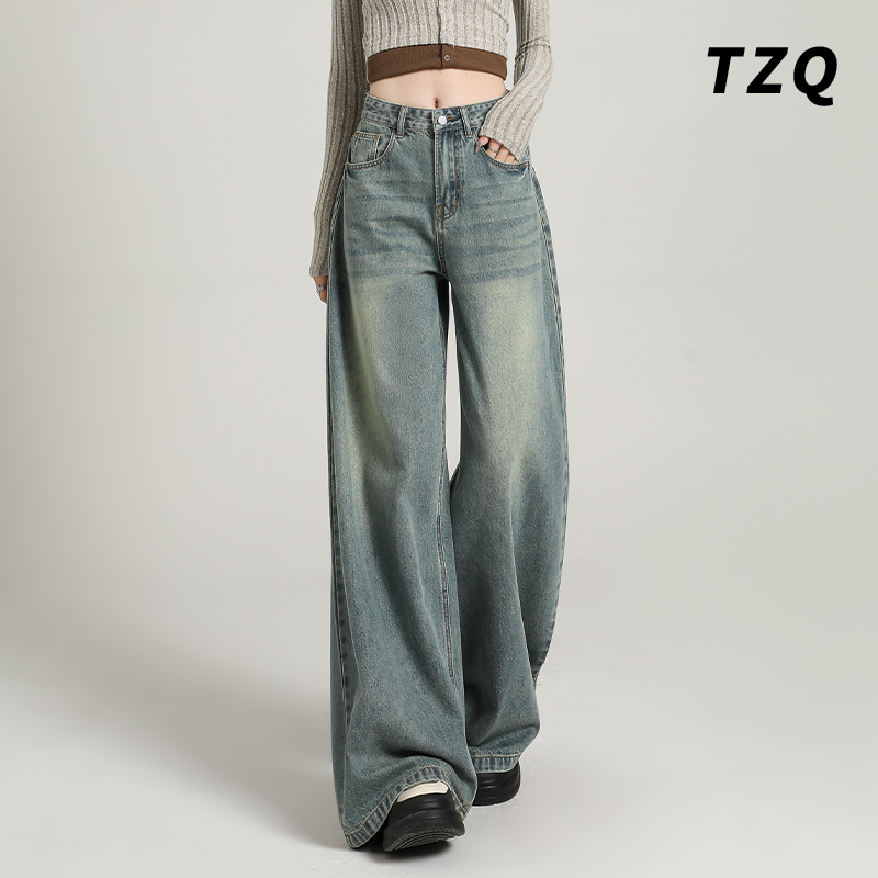 浅蓝韩系复古阔腿牛仔裤女2025夏