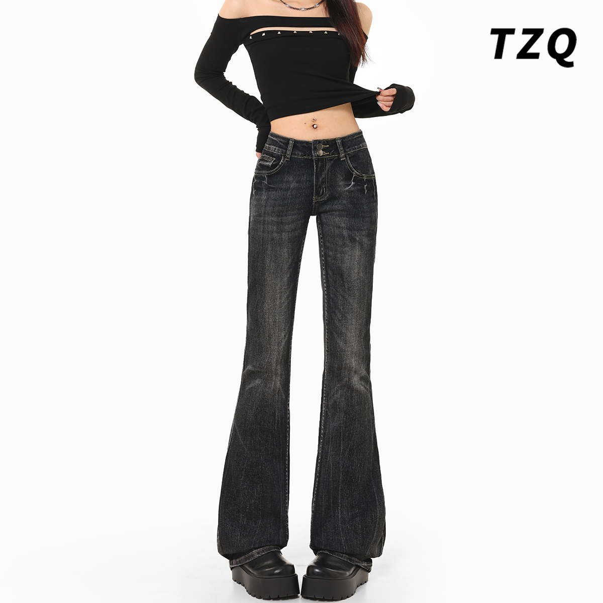 秋季黑灰色修身弹力马蹄喇叭裤子