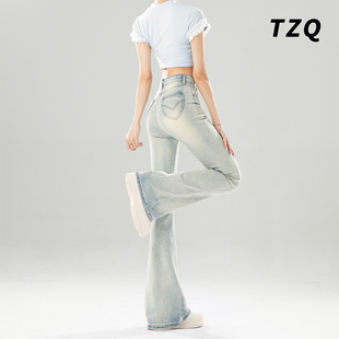 淘稚气怀旧蓝韩系弹力高腰微喇牛仔裤女秋季新款显瘦修身喇叭裤子