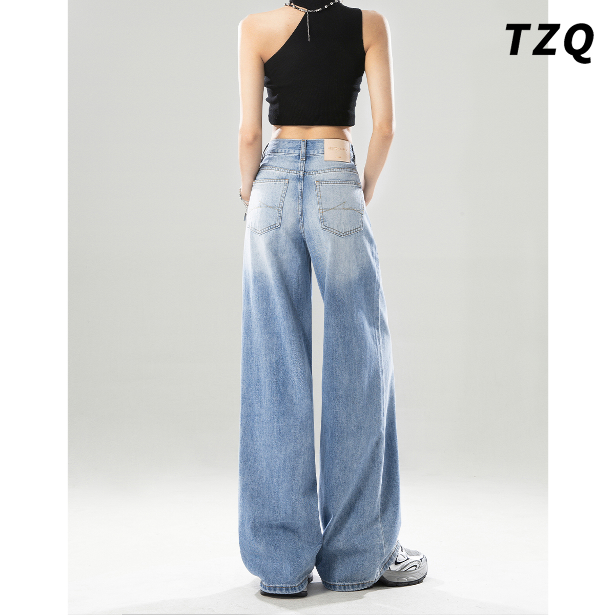 蓝色做旧垂感阔腿牛仔裤女2025年