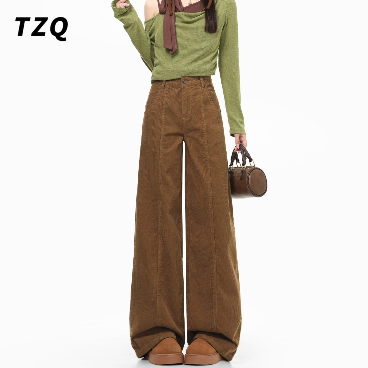 秋冬拼接高腰宽松显瘦垂感直筒裤