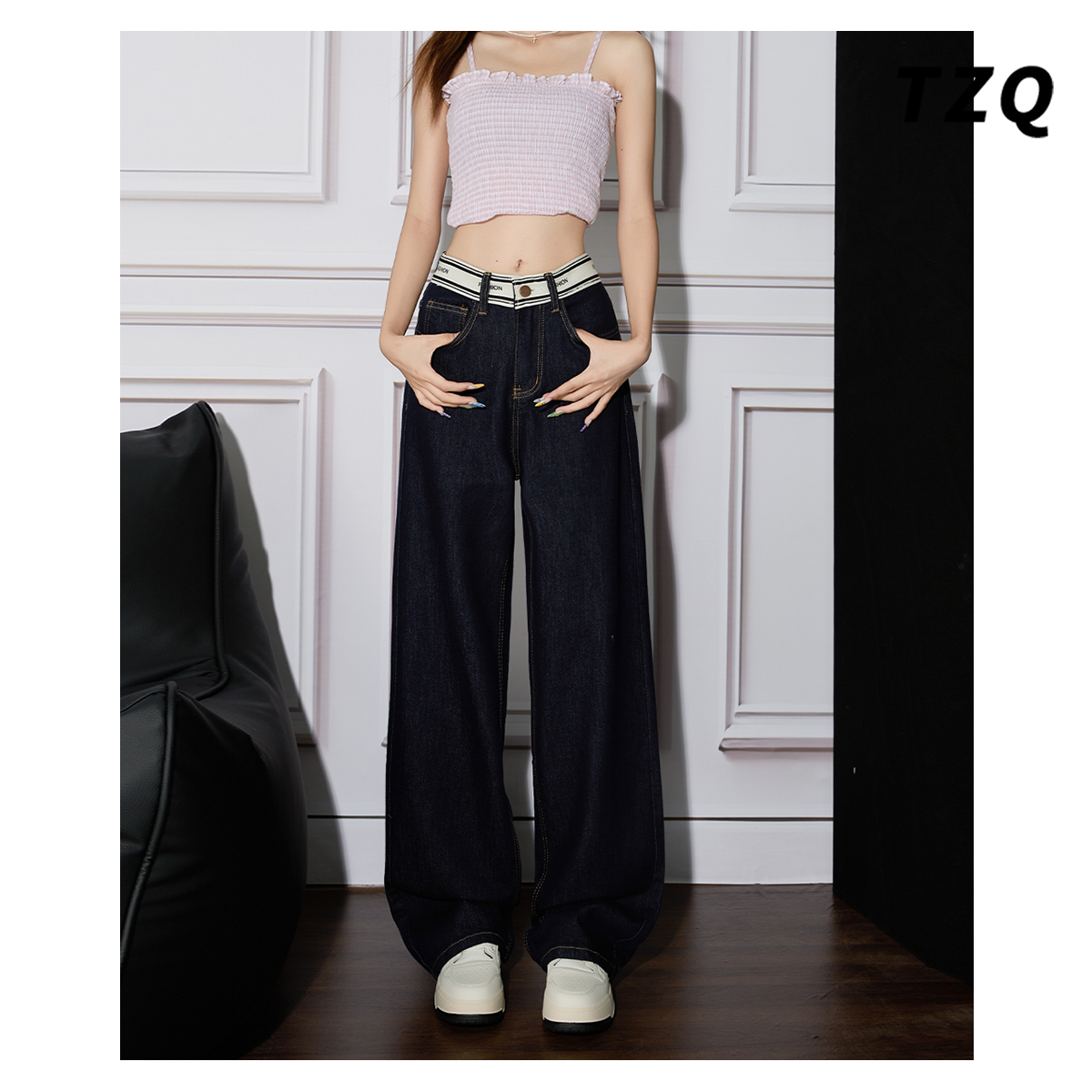 小个子拼接撞色宽松显瘦直筒裤子