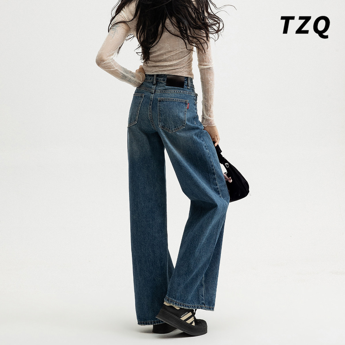 美式复古慵懒松弛阔腿牛仔裤女春秋季时尚高腰宽松显瘦休闲弯刀裤,女装/女士精品,牛仔裤,淘宝优惠券,粉丝福利购,淘宝优惠卷