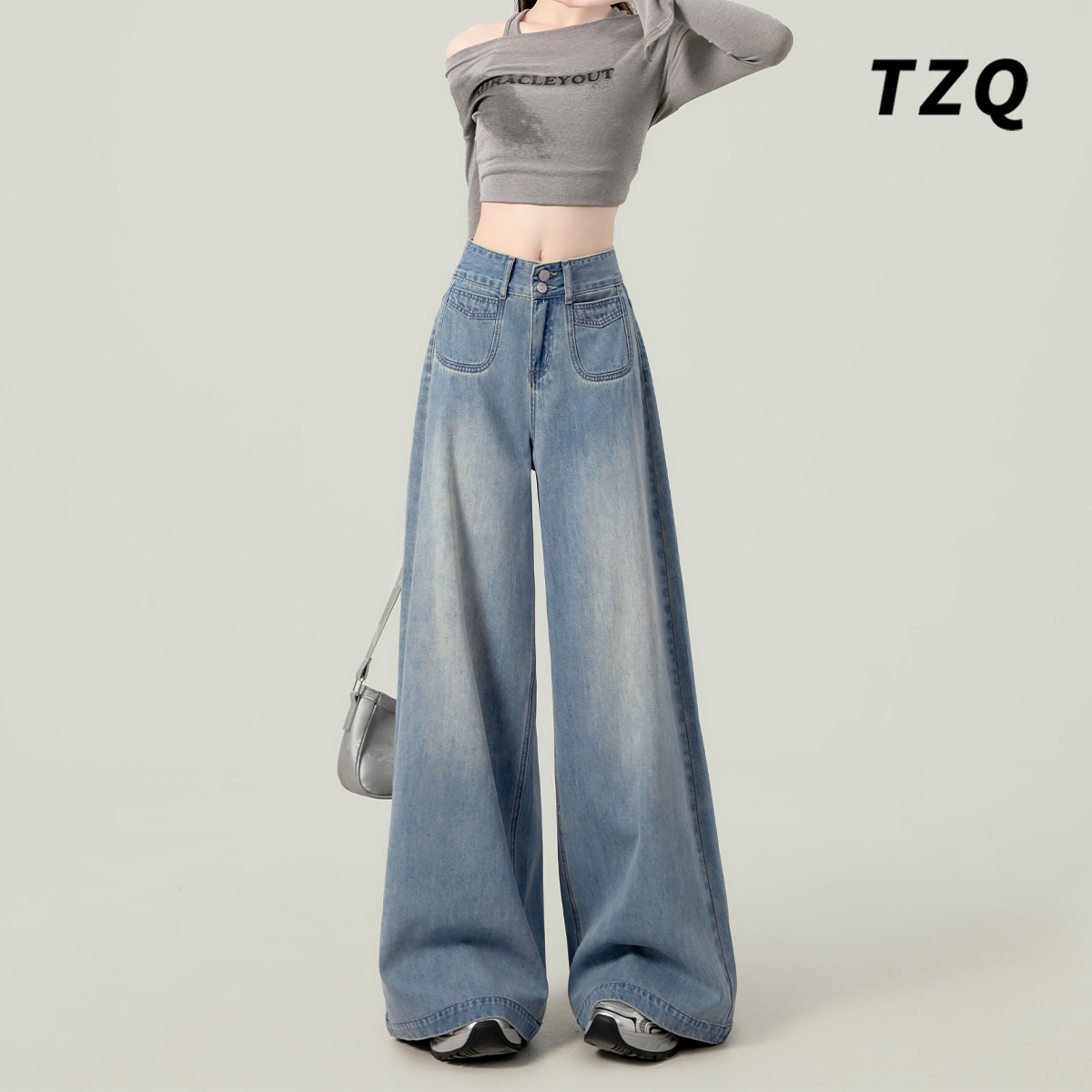 浅蓝阔腿牛仔裤子女2025秋季新款