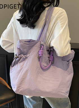 紫色大容量单肩包女士上班族休闲托特包外出帆布手提袋大学生背包