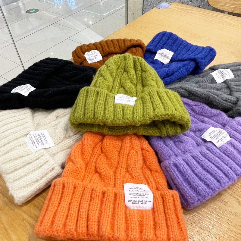 糖果色粗针织帽男女通用秋冬季保暖贴布麻花毛线帽显脸小套头帽