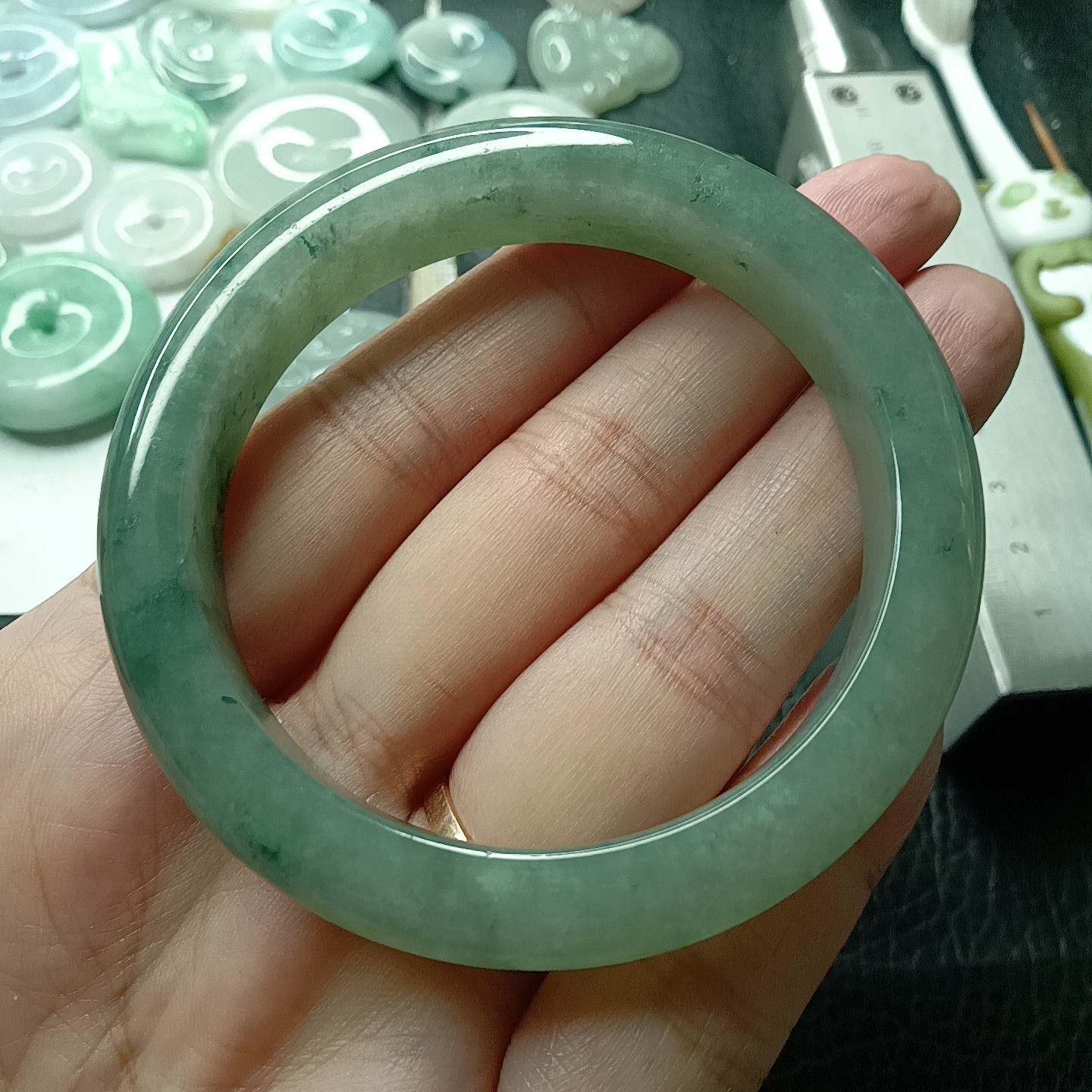 缅甸天然翡翠A货，冰飘花平安手镯圈口52.4/10.7/8.2mm